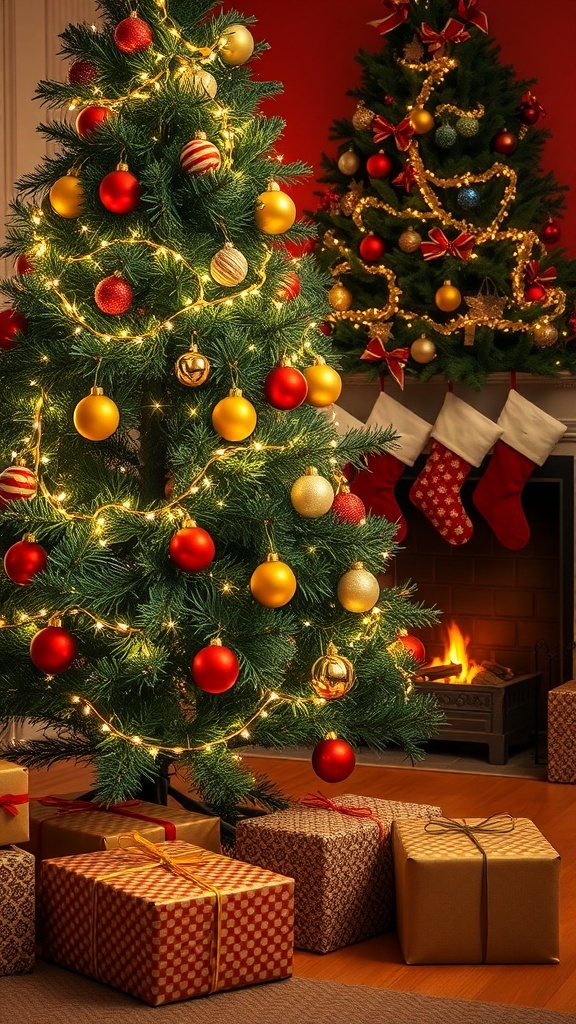 A decorated Christmas tree with presents and a fireplace, creating a warm holiday atmosphere.